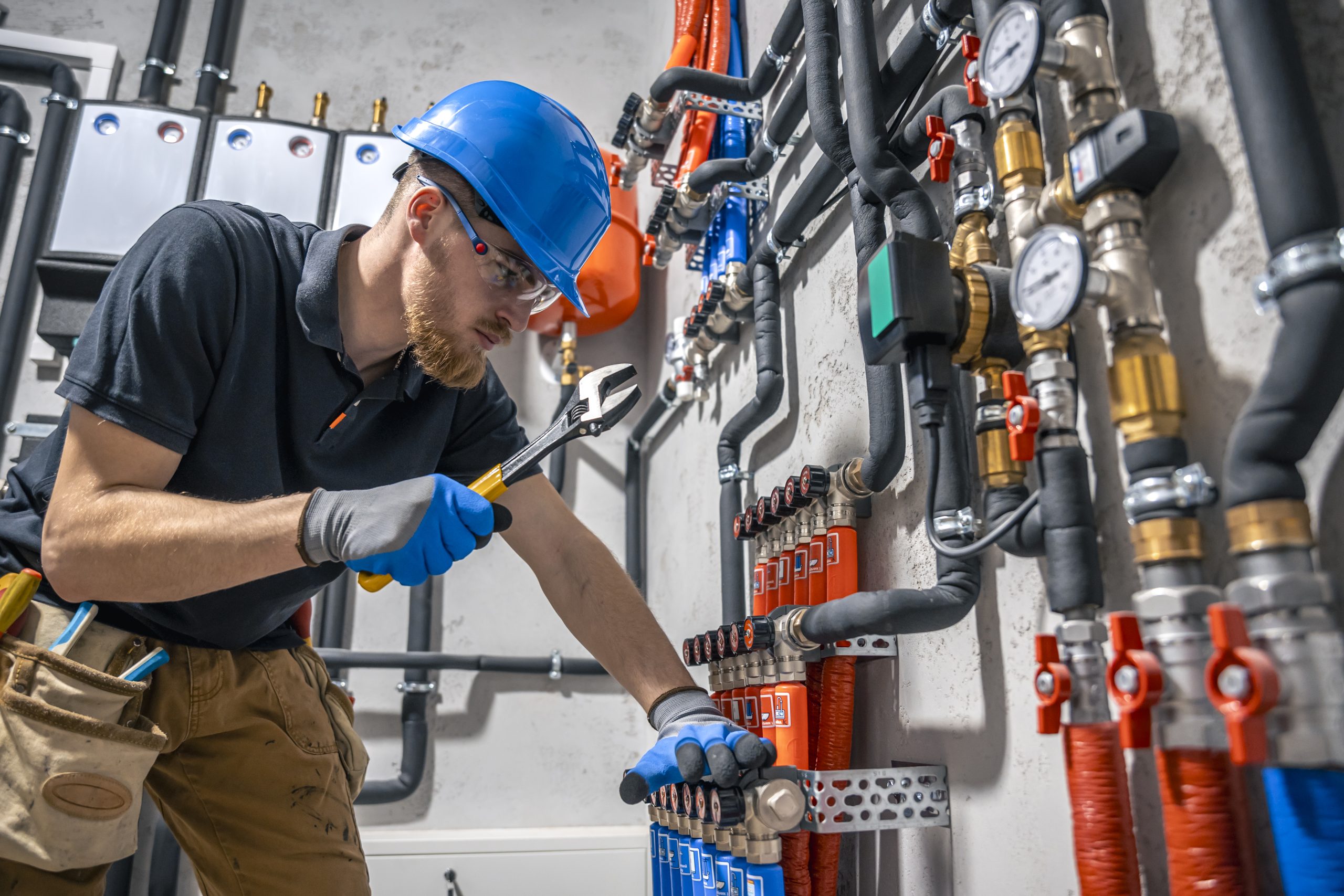 The technician checking the heating system in the boiler room. Adjusting heating valves in a residential building. A plumbing and heating technician works.